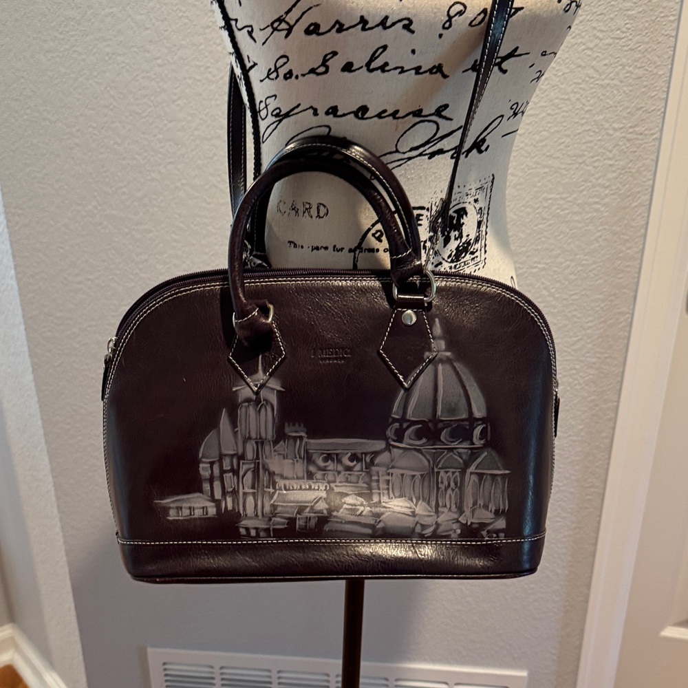 Chic purple Leather Satchel with Florence Italy Duomo Cityscape Design